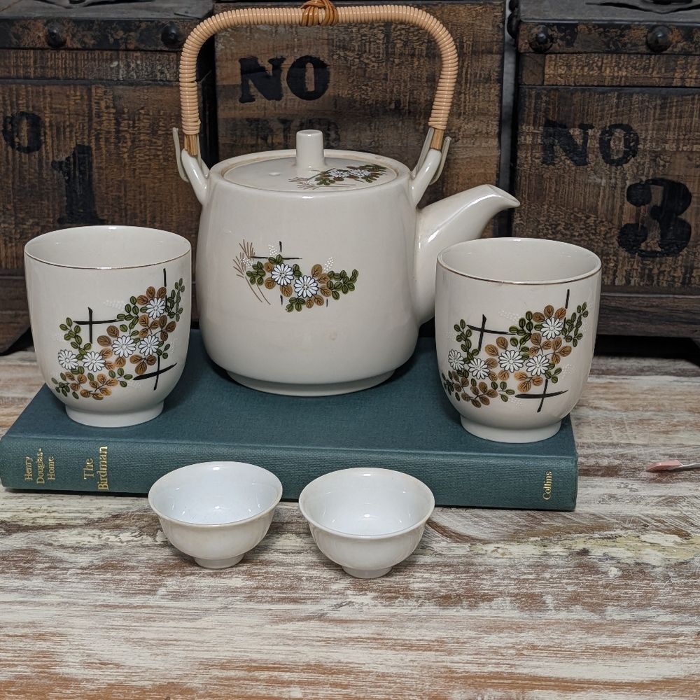 Kutani Japanese Floral Teapot and Cup Set, Vintage